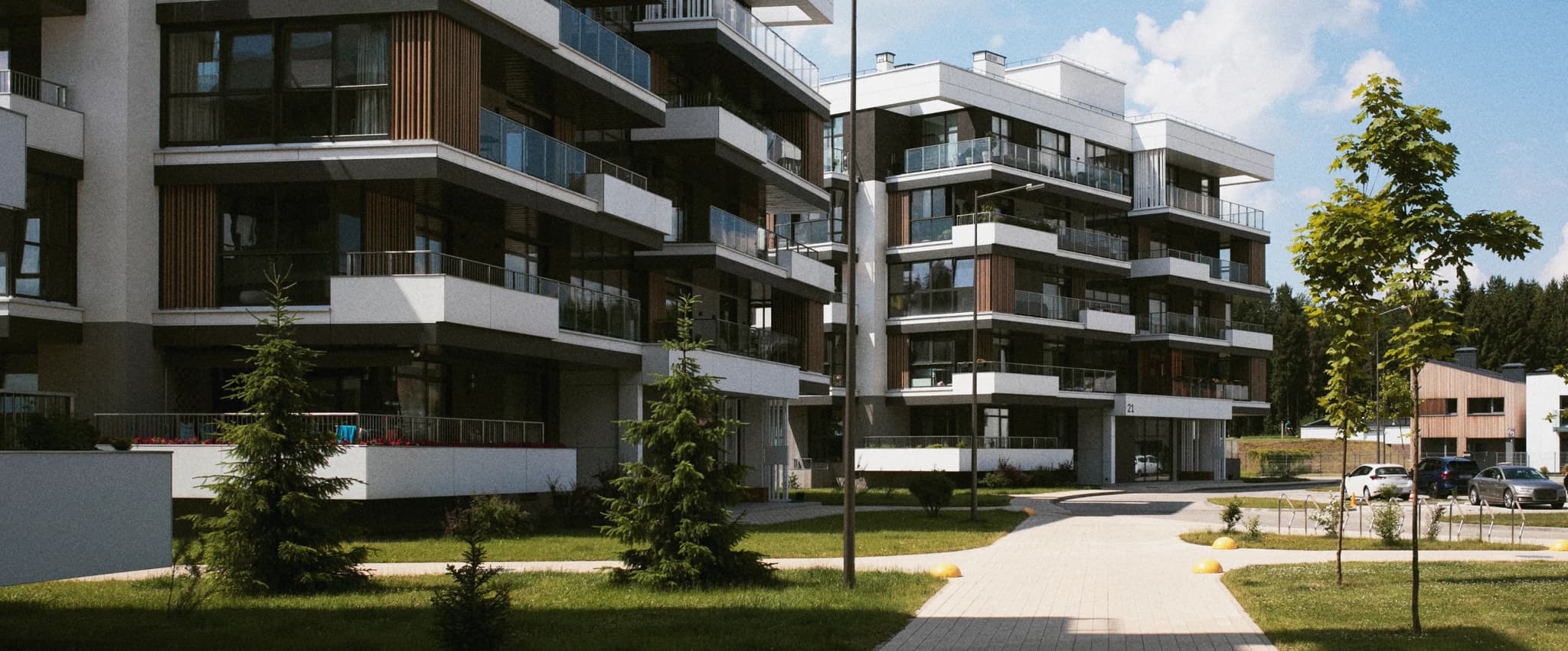 Modern apartment buildings with balconies