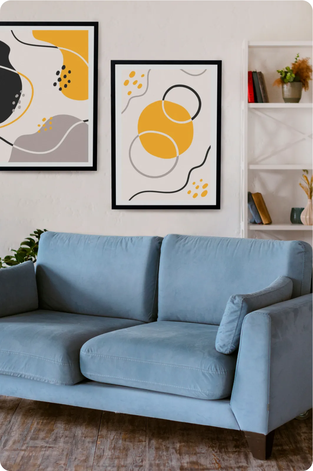 Living room with blue sofa